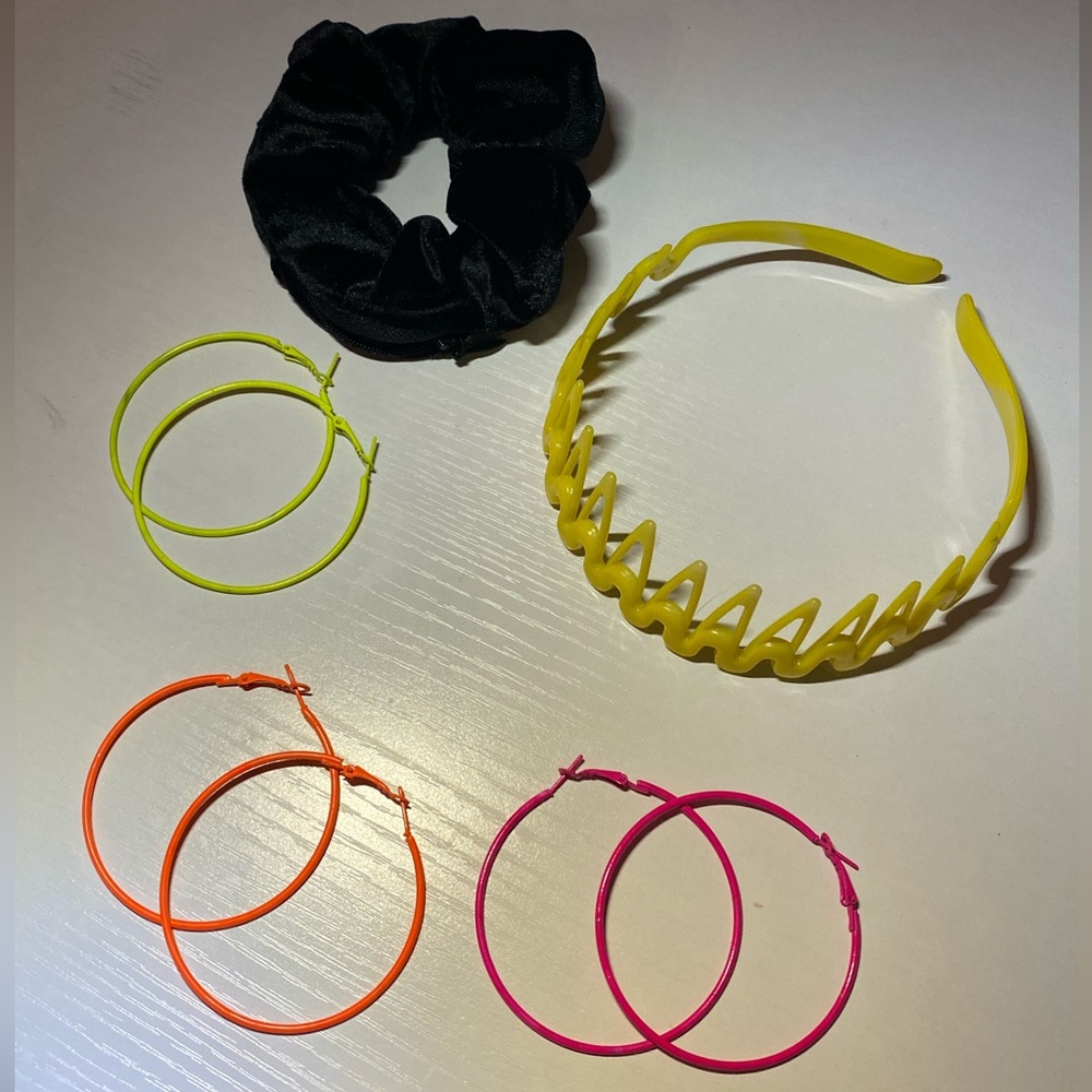 Beauty Bundle 🌺 3 Neon Hoops, 1 stash scrunchie, 1 yellow plastic head band